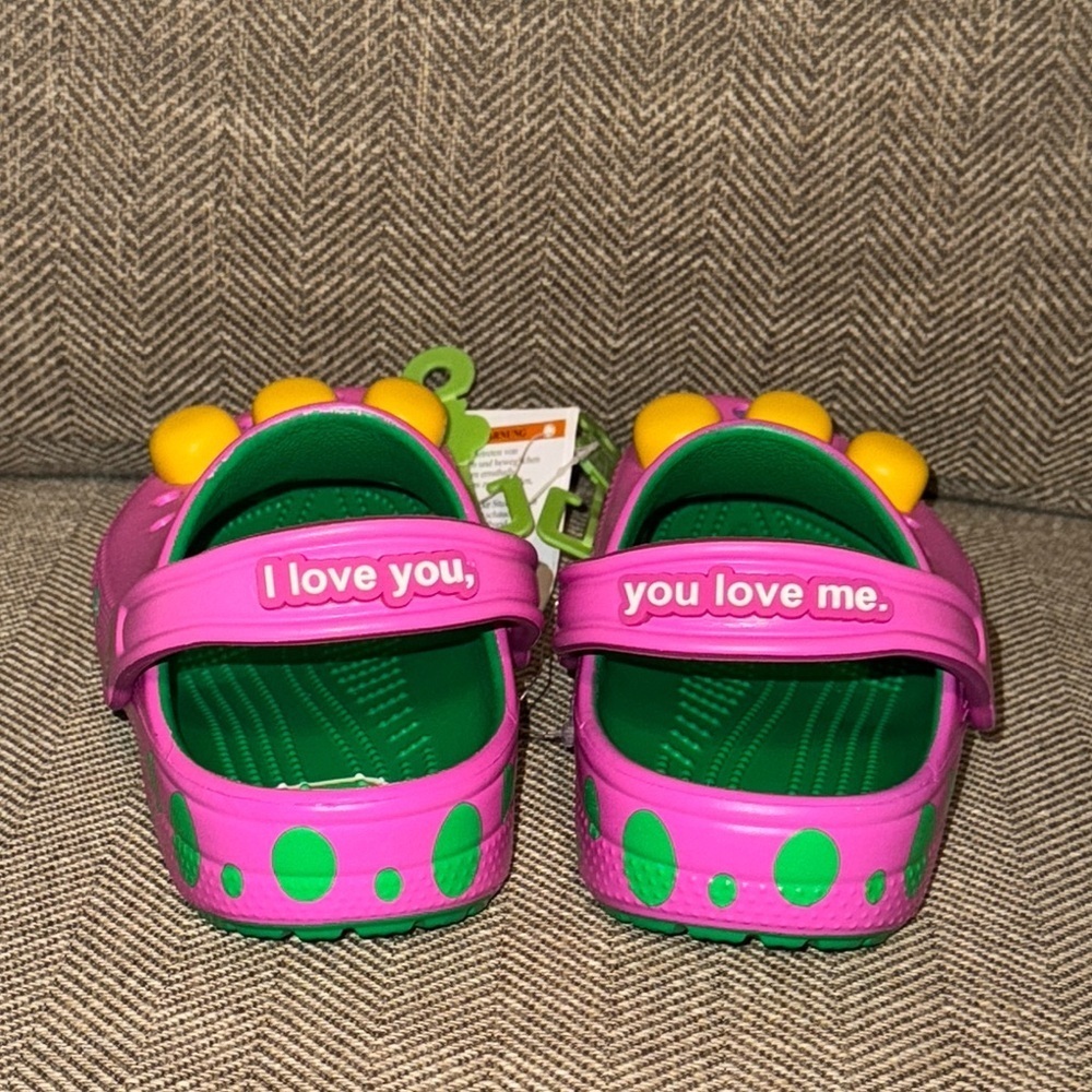 [SALE!] NWT Barney Crocs Classic Mattel Kids Purple and Green Clogs Shoes Size 3